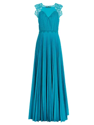 Alberta Ferretti Lace Embellished Pleated Sleeveless Gown