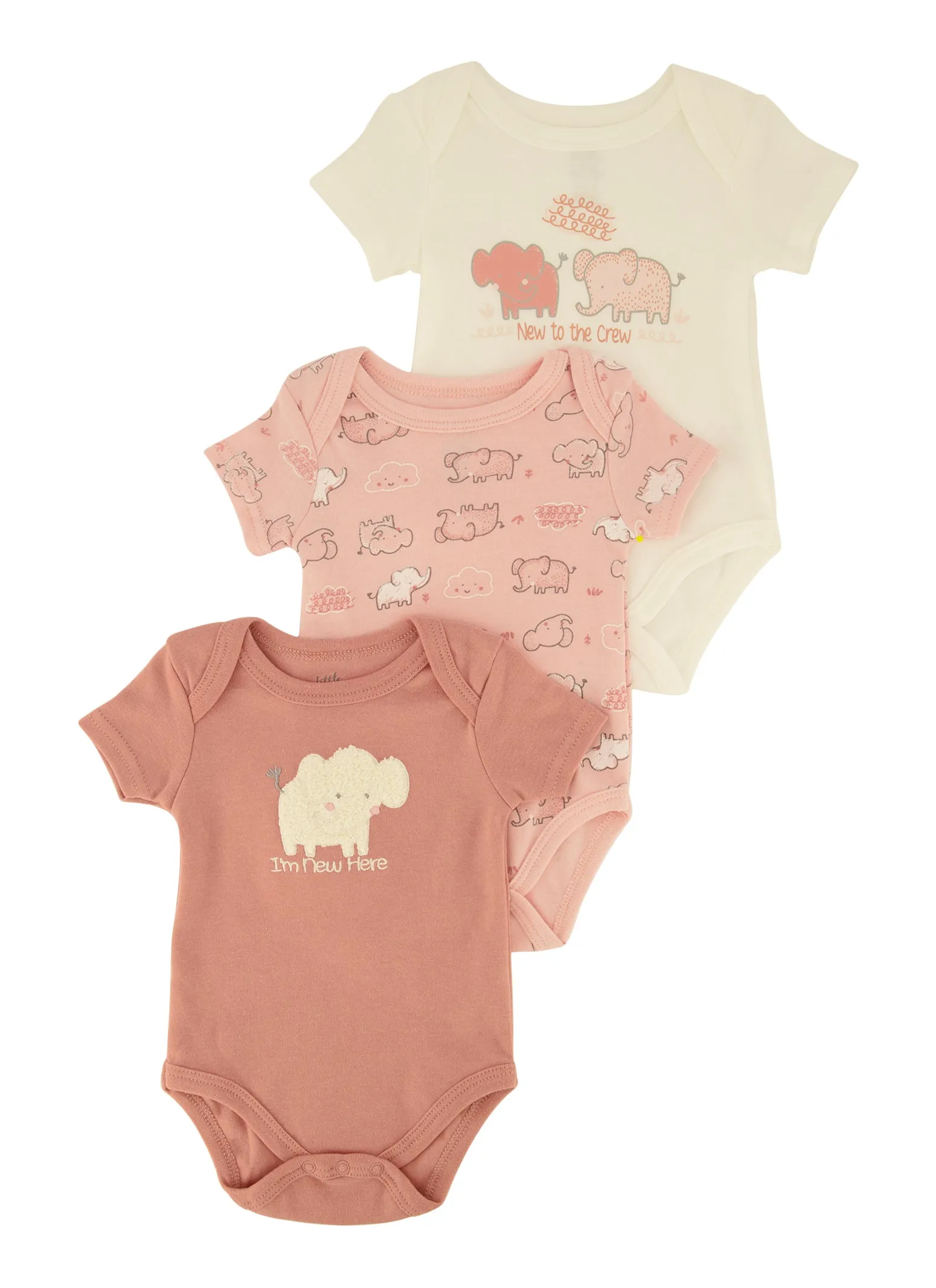 Baby Girls 0-9M Elephant Chenille Patch Graphic Bodysuits 3 Pack