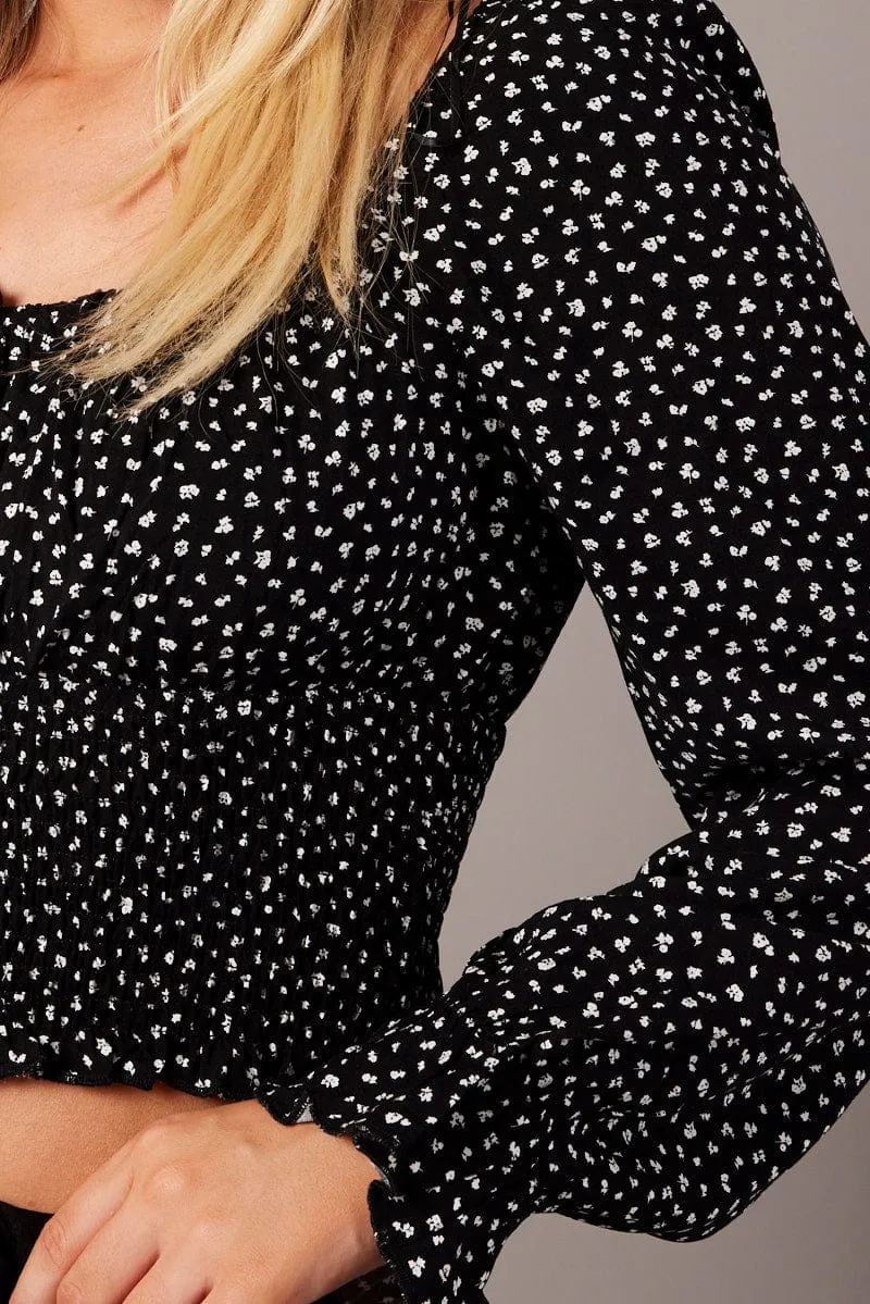 Black Ditsy Crop Top Long Sleeve Shirred Waist