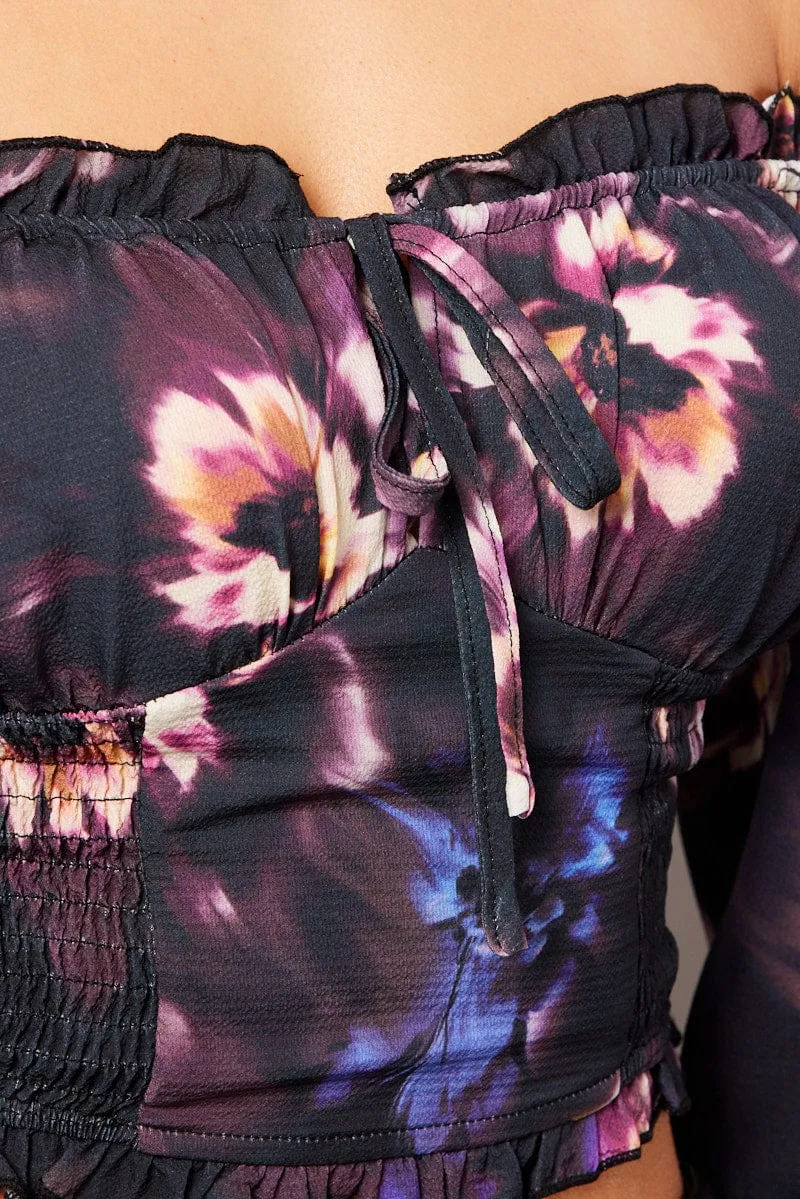 Black Floral Crop Top Long Sleeve Shirred Waist