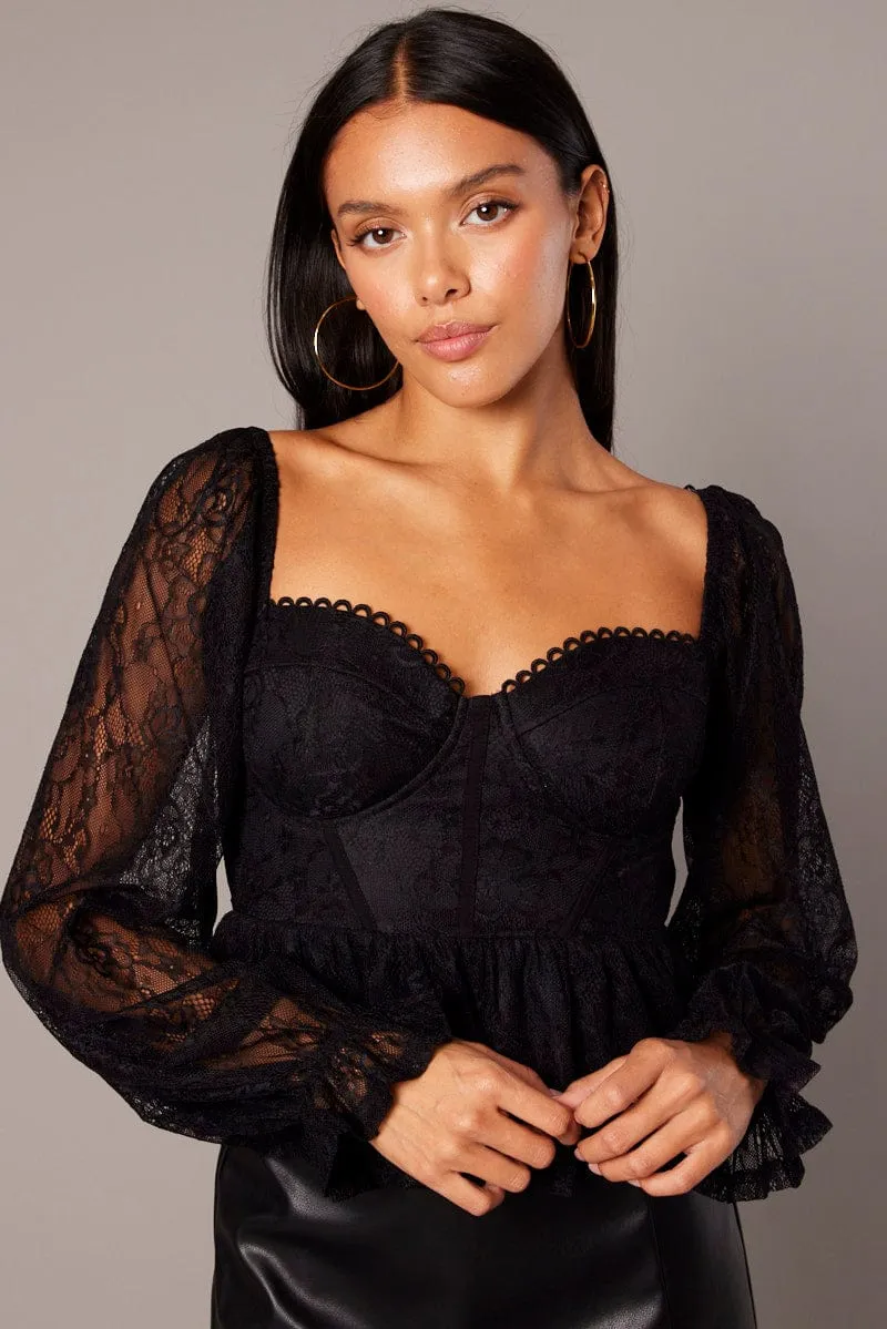 Black Peplum Top Long Sleeve Lace
