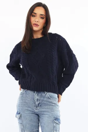 Blue Cable Knit Long Sleeve Crew Neck