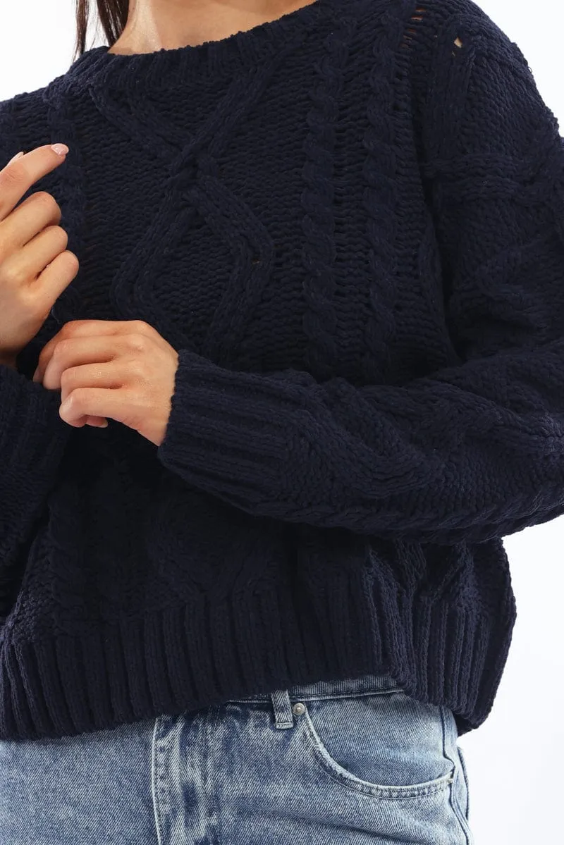 Blue Cable Knit Long Sleeve Crew Neck