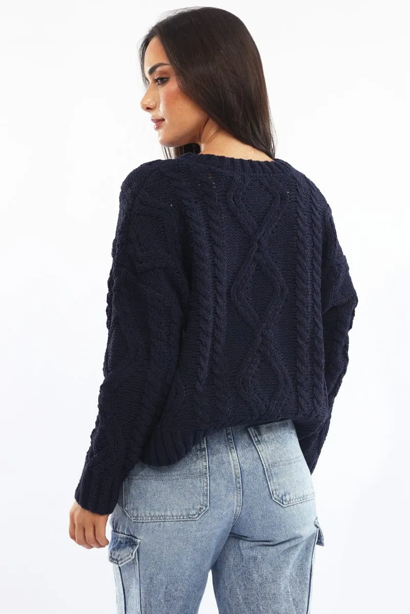 Blue Cable Knit Long Sleeve Crew Neck