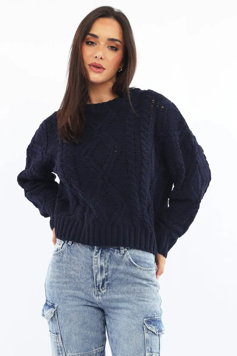 Blue Cable Knit Long Sleeve Crew Neck