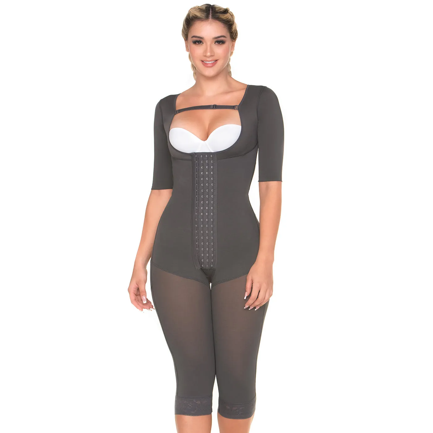 Fajas MariaE FQ114 | Post Surgery Colombian Shapewear Knee Length Bodysuit | Faja Colombiana with Sleeves | Lipo Compression Girdle