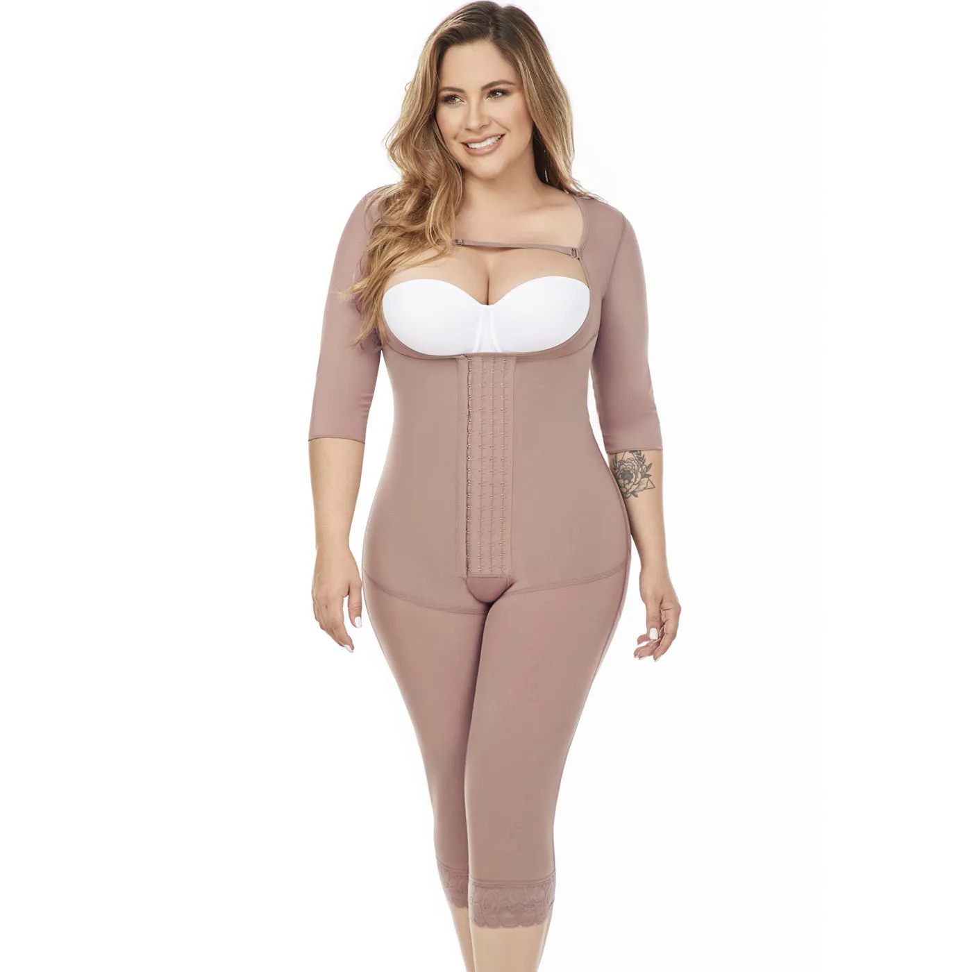 Fajas MariaE FQ114 | Post Surgery Colombian Shapewear Knee Length Bodysuit | Faja Colombiana with Sleeves | Lipo Compression Girdle