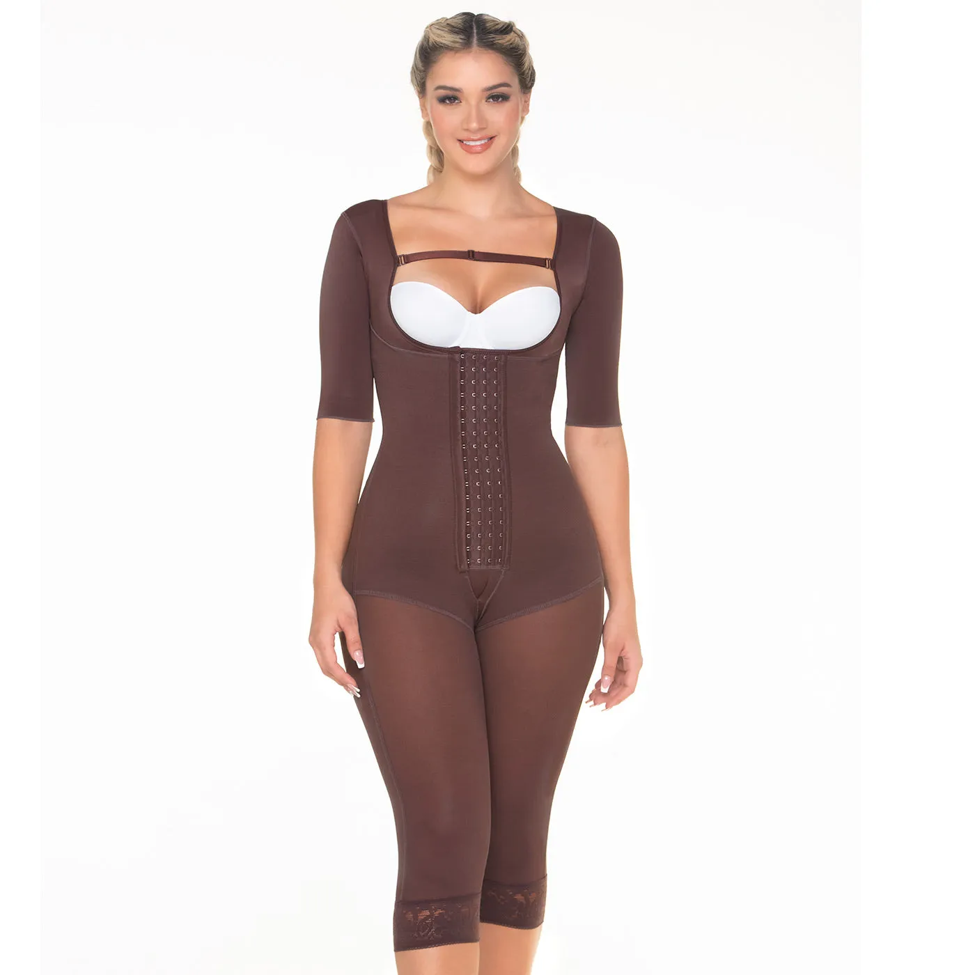Fajas MariaE FQ114 | Post Surgery Colombian Shapewear Knee Length Bodysuit | Faja Colombiana with Sleeves | Lipo Compression Girdle