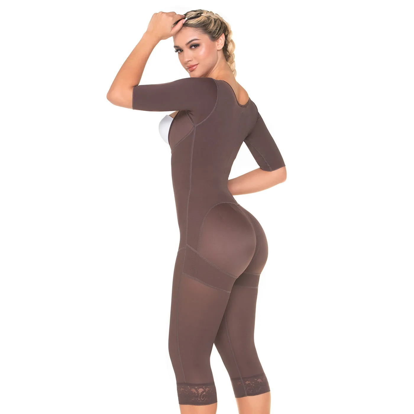 Fajas MariaE FQ114 | Post Surgery Colombian Shapewear Knee Length Bodysuit | Faja Colombiana with Sleeves | Lipo Compression Girdle