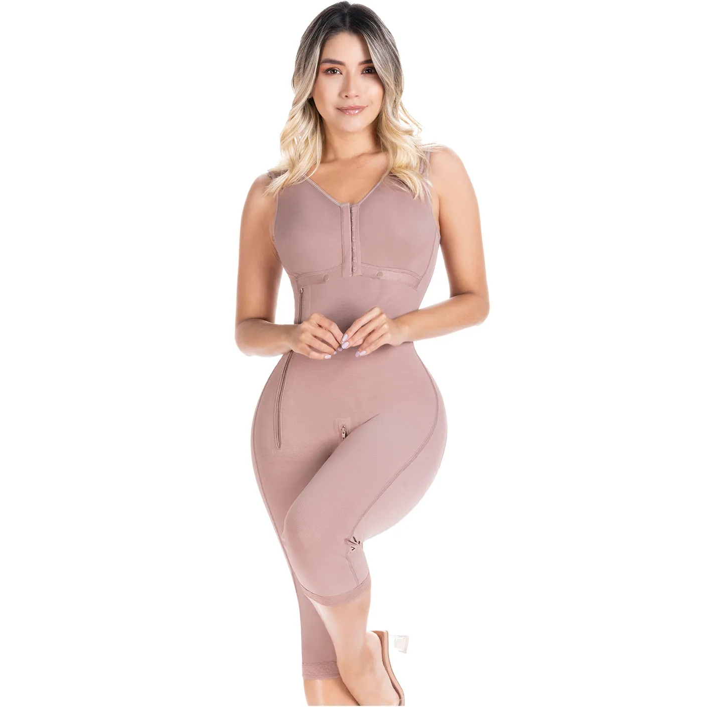 Fajas Sonryse 014ZL | Colombian Shapewear Knee Length | Body Shaper Built-in bra & High Back | Daily Use Girdle