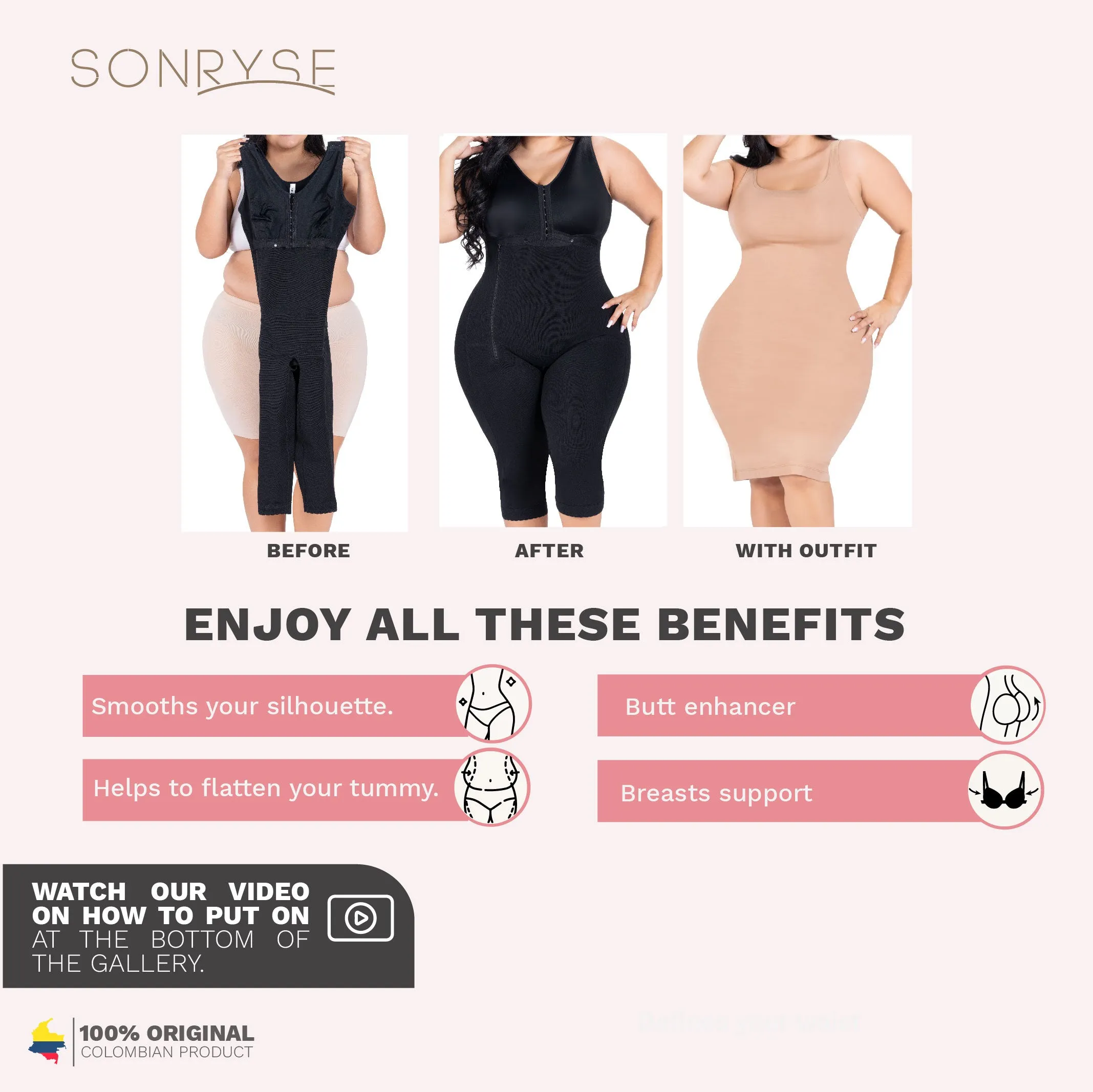 Fajas Sonryse 014ZL | Colombian Shapewear Knee Length | Body Shaper Built-in bra & High Back | Daily Use Girdle