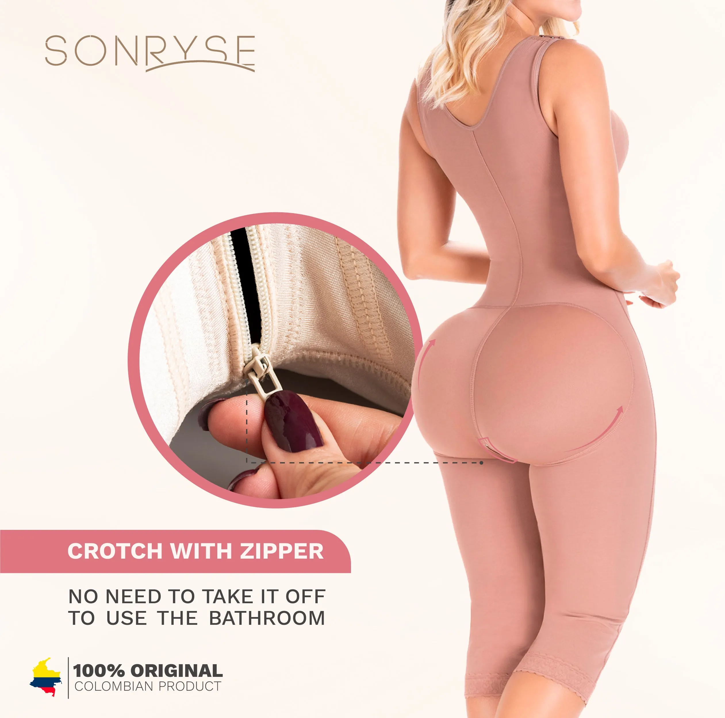 Fajas Sonryse 014ZL | Colombian Shapewear Knee Length | Body Shaper Built-in bra & High Back | Daily Use Girdle