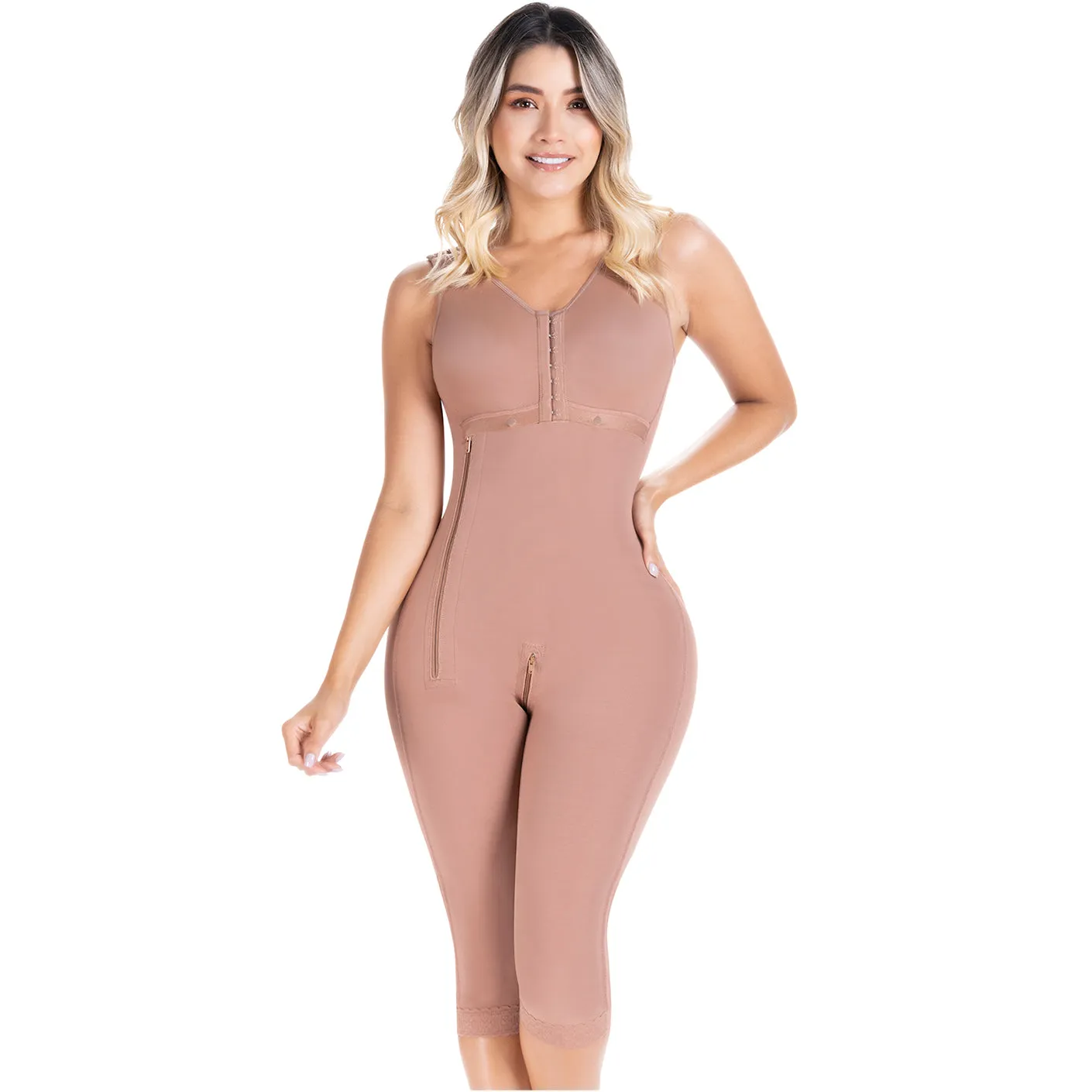Fajas Sonryse 014ZL | Colombian Shapewear Knee Length | Body Shaper Built-in bra & High Back | Daily Use Girdle