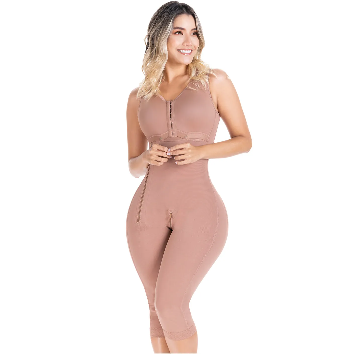 Fajas Sonryse 014ZL | Colombian Shapewear Knee Length | Body Shaper Built-in bra & High Back | Daily Use Girdle