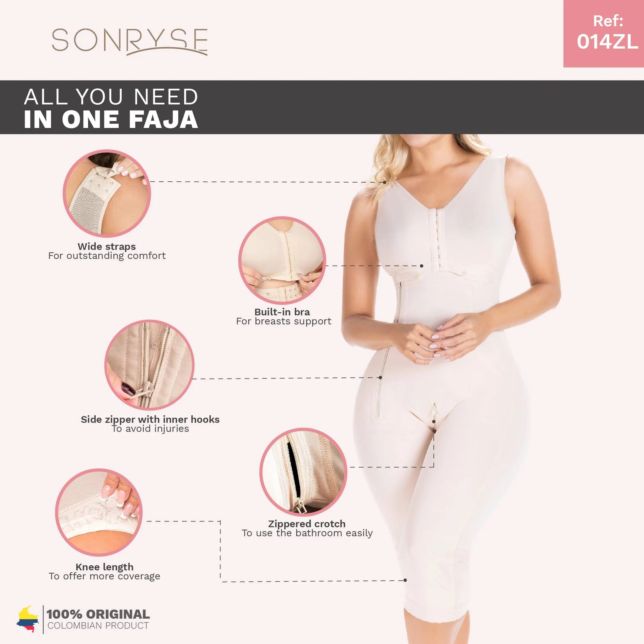 Fajas Sonryse 014ZL | Colombian Shapewear Knee Length | Body Shaper Built-in bra & High Back | Daily Use Girdle