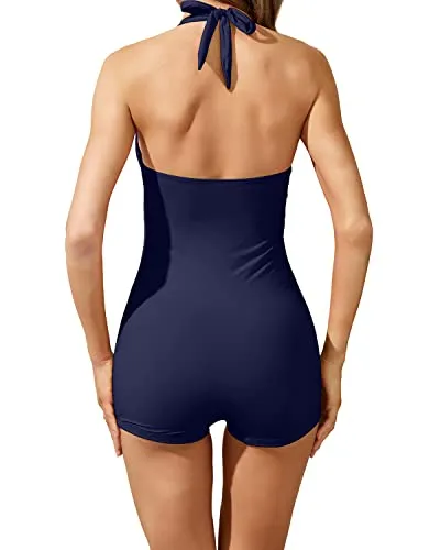 Halter Top Push Up Swimsuits Shorts Retro One Piece Bathing Suit-Navy Blue