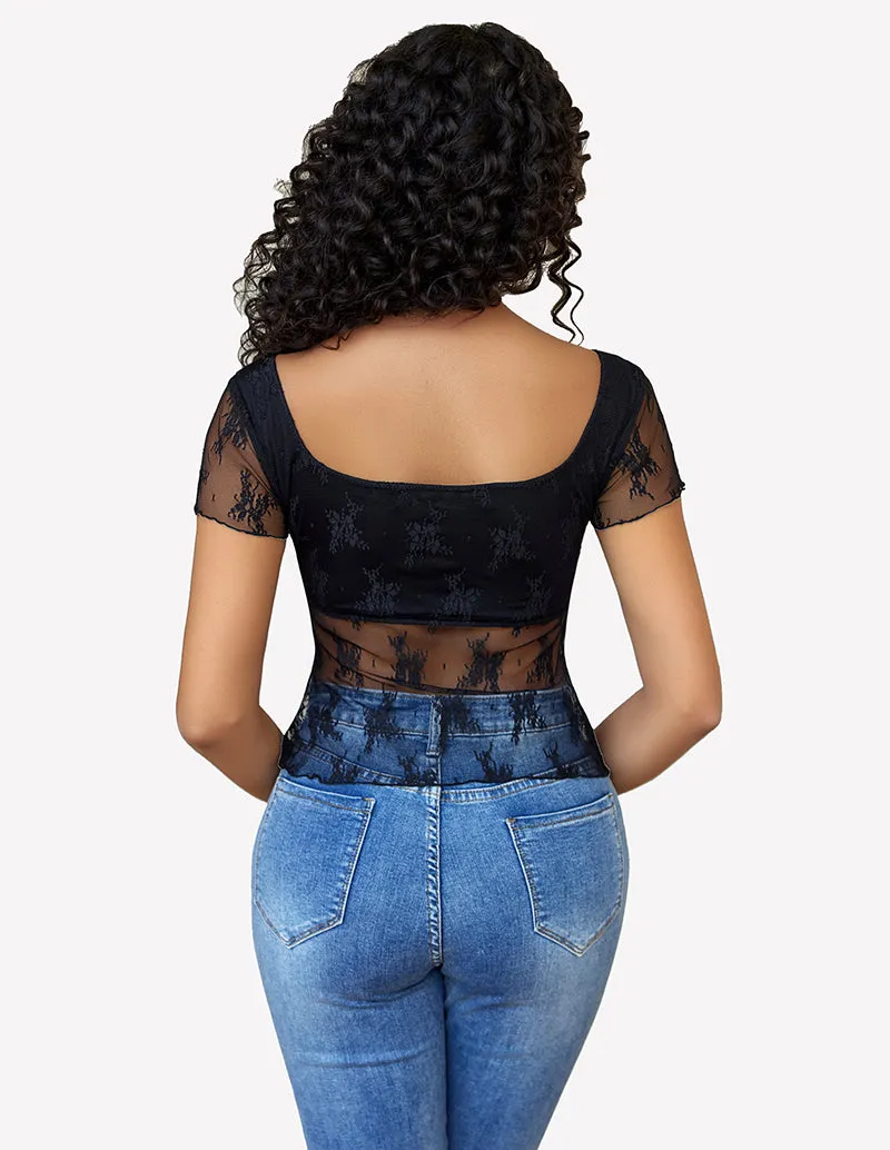 Lace Mesh Short Sleeve Floral Shirt