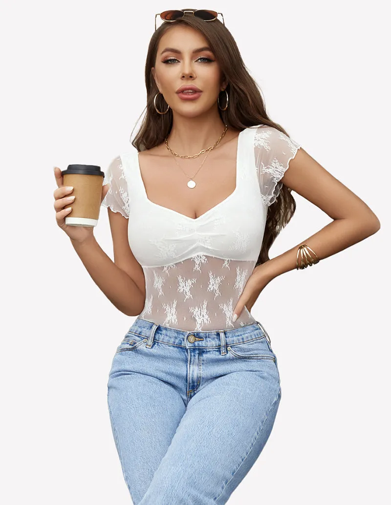Lace Mesh Short Sleeve Floral Shirt