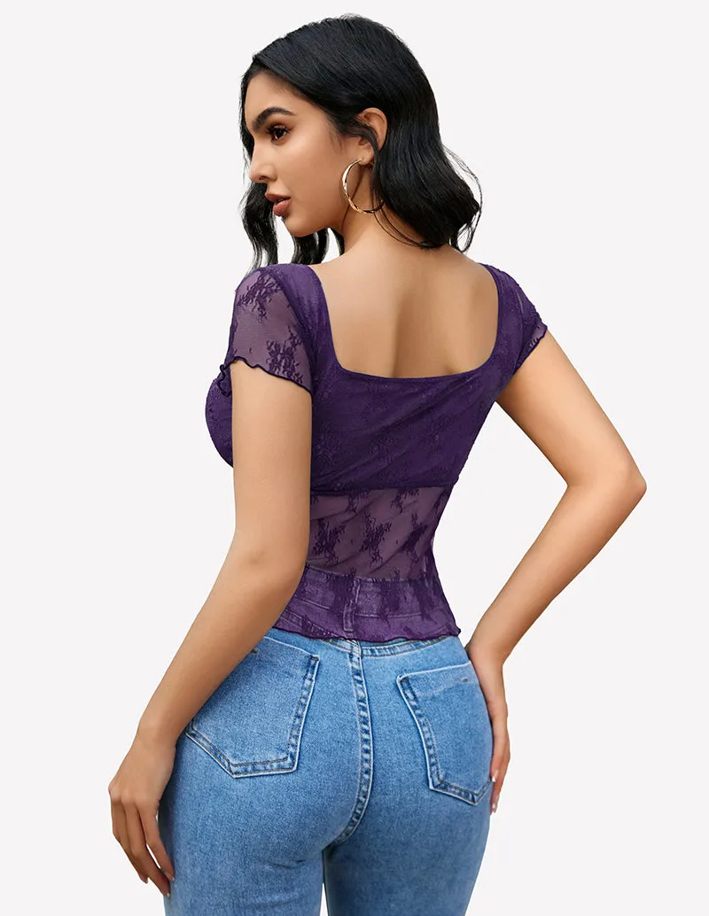 Lace Mesh Short Sleeve Floral Shirt