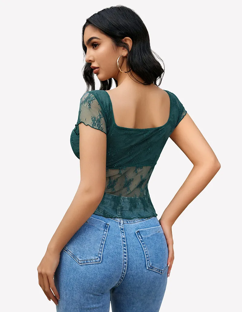 Lace Mesh Short Sleeve Floral Shirt