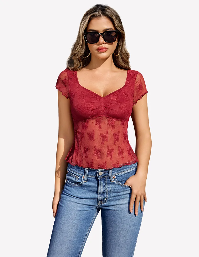 Lace Mesh Short Sleeve Floral Shirt