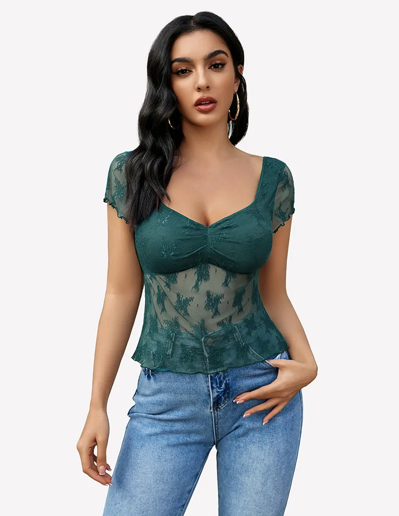 Lace Mesh Short Sleeve Floral Shirt