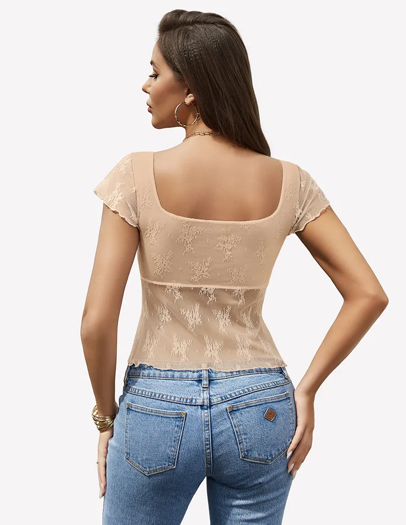 Lace Mesh Short Sleeve Floral Shirt