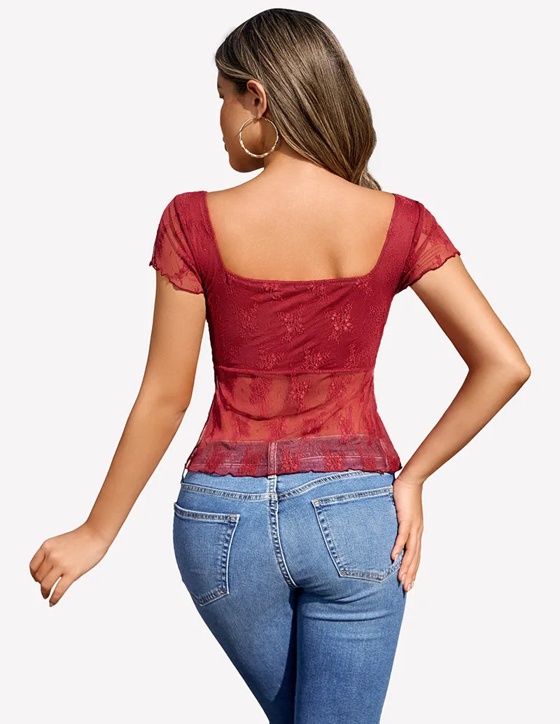Lace Mesh Short Sleeve Floral Shirt