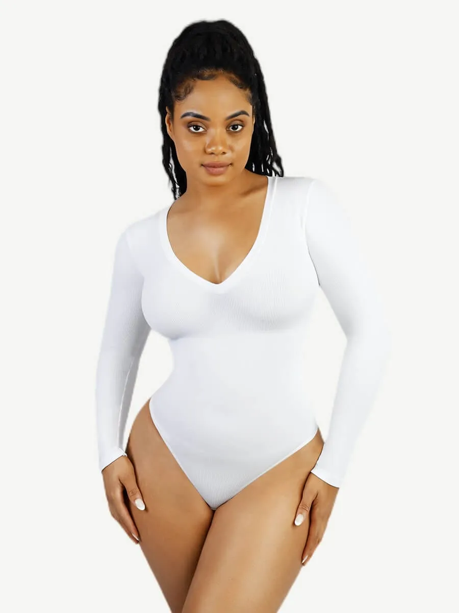 Long Sleeved V-neck Waist Shaping Tummy Control Seamless Bodysuit