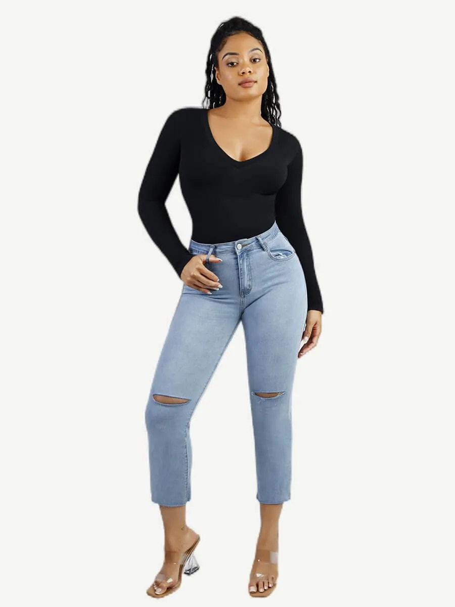 Long Sleeved V-neck Waist Shaping Tummy Control Seamless Bodysuit