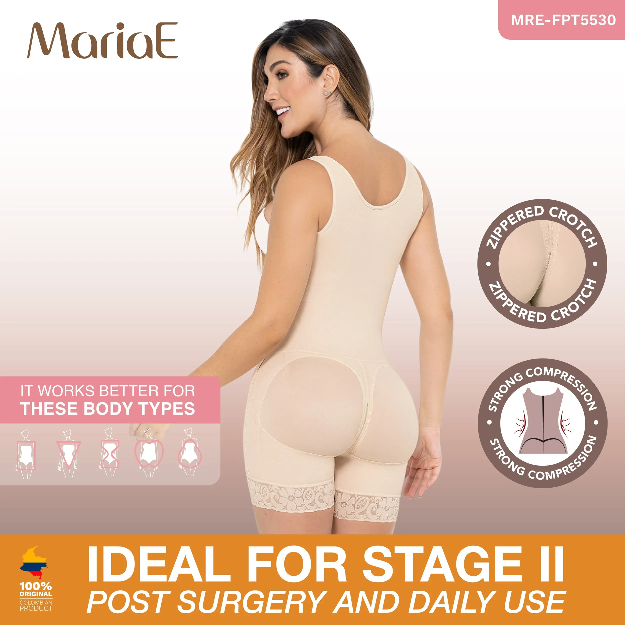 MARIAE FPT5530 Stage 2 Faja Colombiana Post Surgery High Compression Garment Mid Thigh & Open Bust w/ Wide Straps | FQ105
