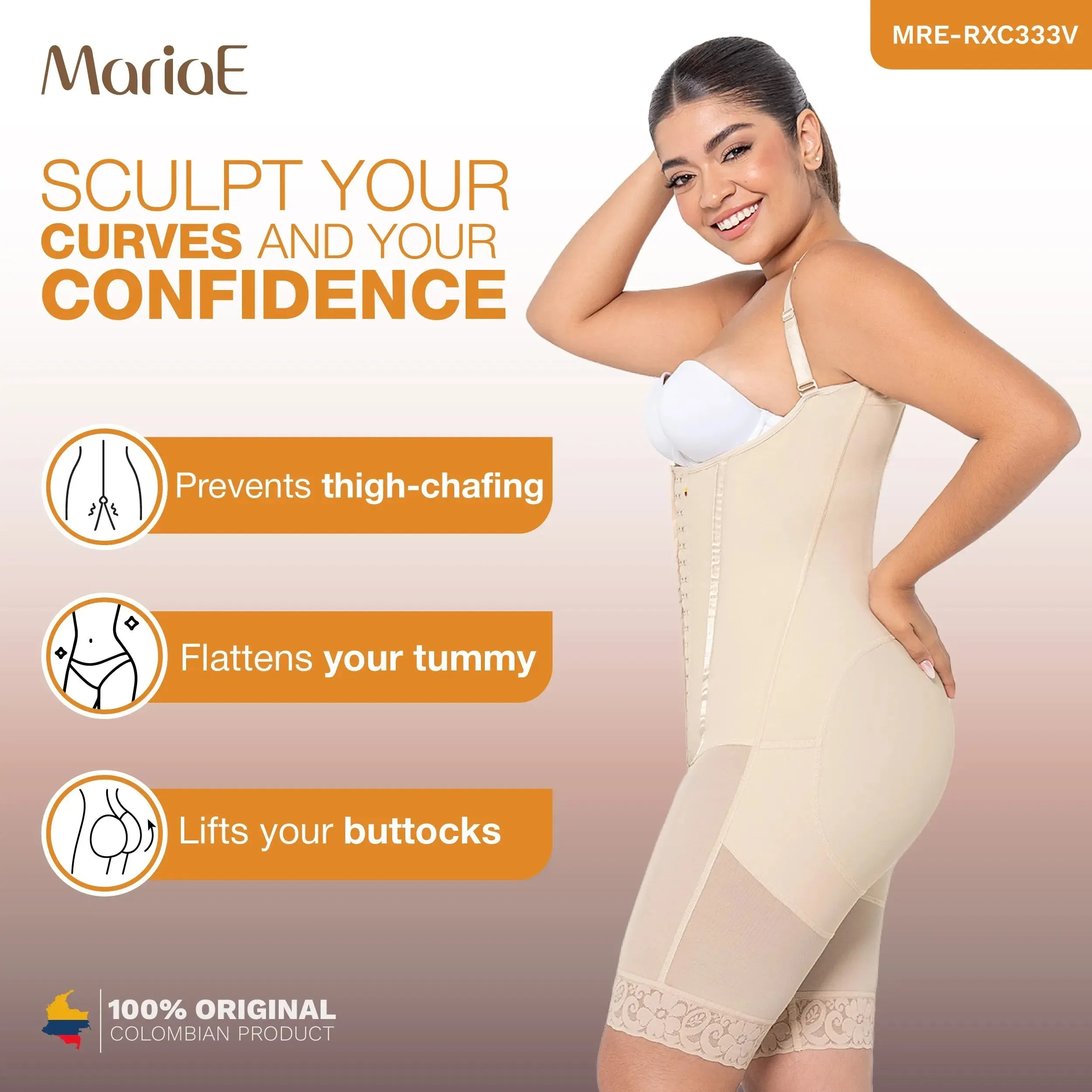 MARIAE RXC333V Fajas Colombianas – High Compression Bodysuit with Inner Elastic Bones | Daily Use & Body Sculpting Shapewear