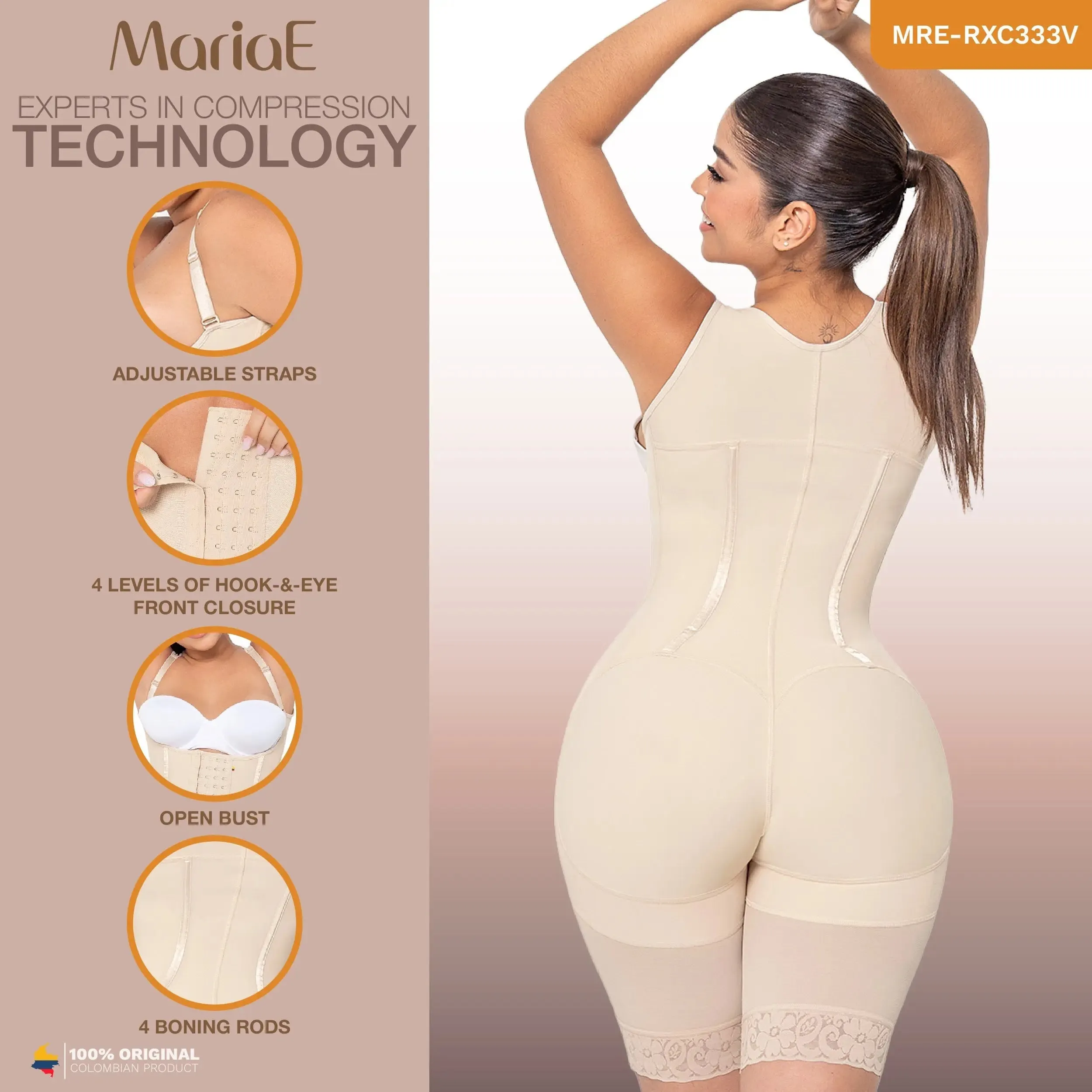 MARIAE RXC333V Fajas Colombianas – High Compression Bodysuit with Inner Elastic Bones | Daily Use & Body Sculpting Shapewear