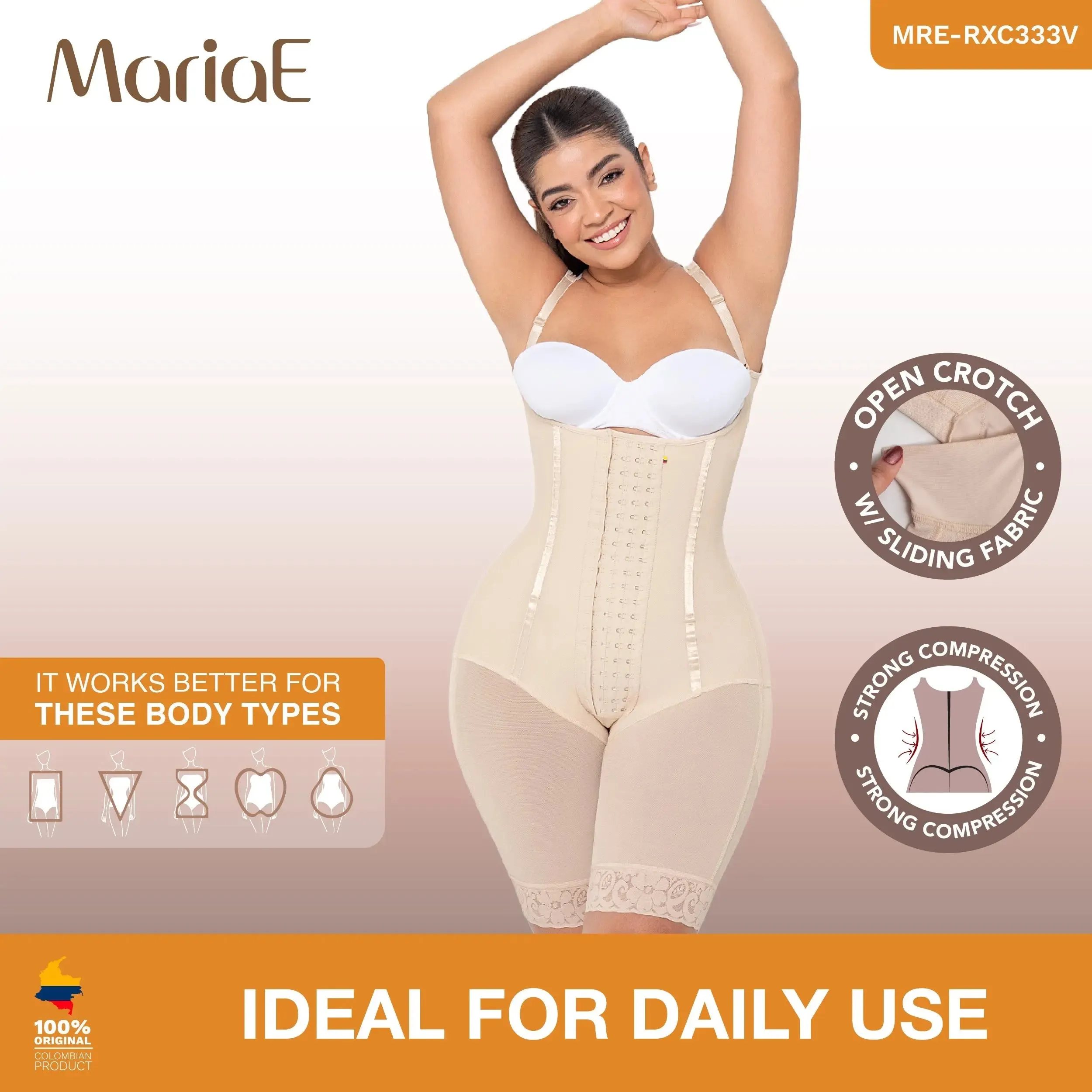 MARIAE RXC333V Fajas Colombianas – High Compression Bodysuit with Inner Elastic Bones | Daily Use & Body Sculpting Shapewear