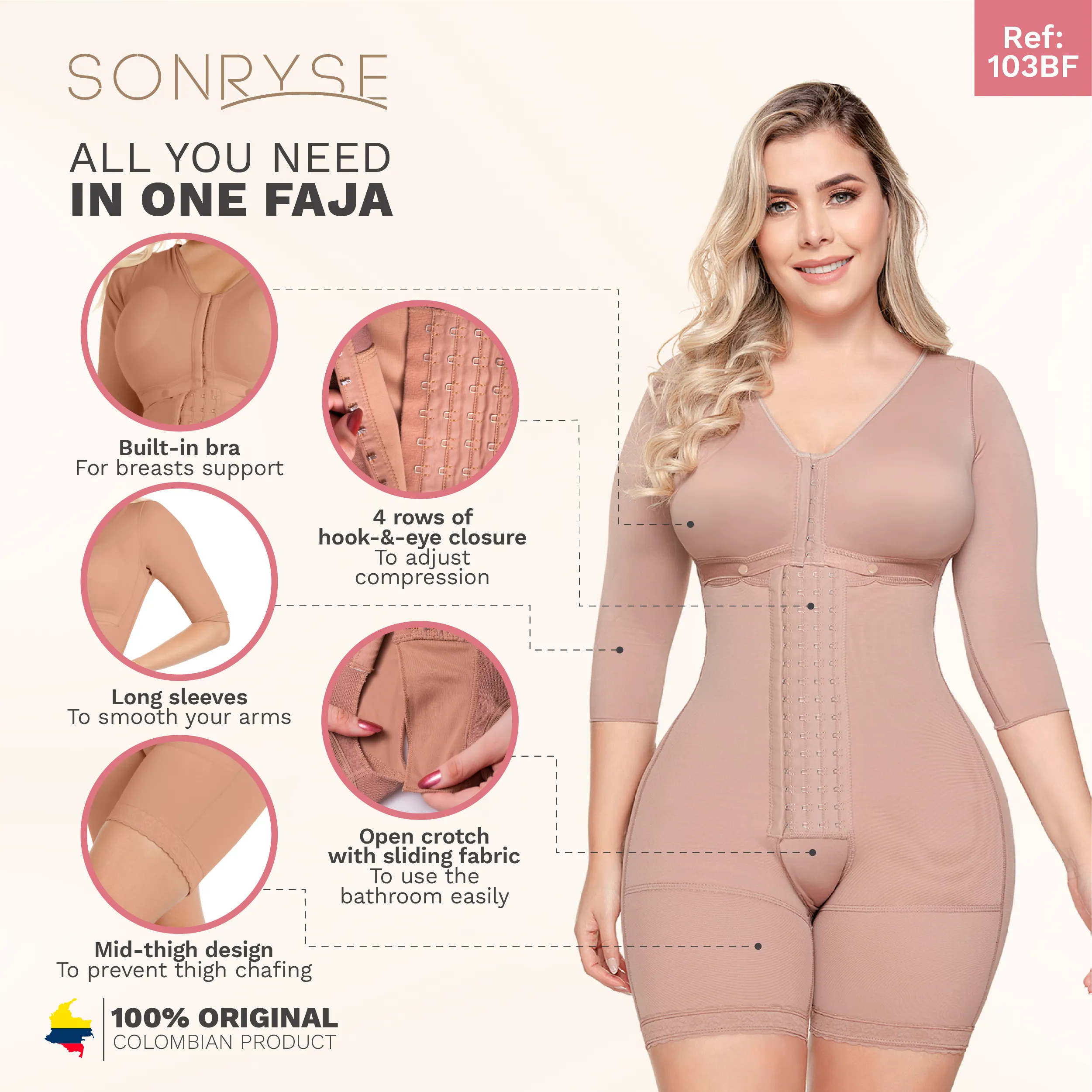 Post-Surgery BBL and Arm & Thigh Liposuction (360) Faja with sleeves High Compression & Bra Support Sonryse 103BF