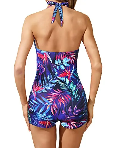Ruched Full Coverage Swimsuits Retro One Piece Bathing Suit-Blue Leaves