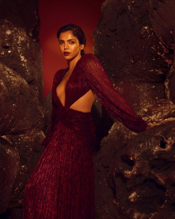 Shriya Pilgaonkar in our Draped Gown with Deep V-Neck and Open Back from Matrix Collection