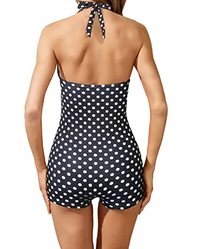 Twist Front Bandeau Swimsuits Retro One Piece Bathing Suit-Black Dot