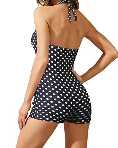 Twist Front Bandeau Swimsuits Retro One Piece Bathing Suit-Black Dot