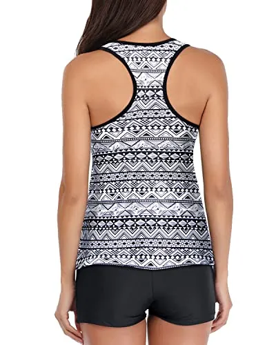 V Neck Swimsuit Tummy Control Bottom & Racerback Top For Women-Black Tribal