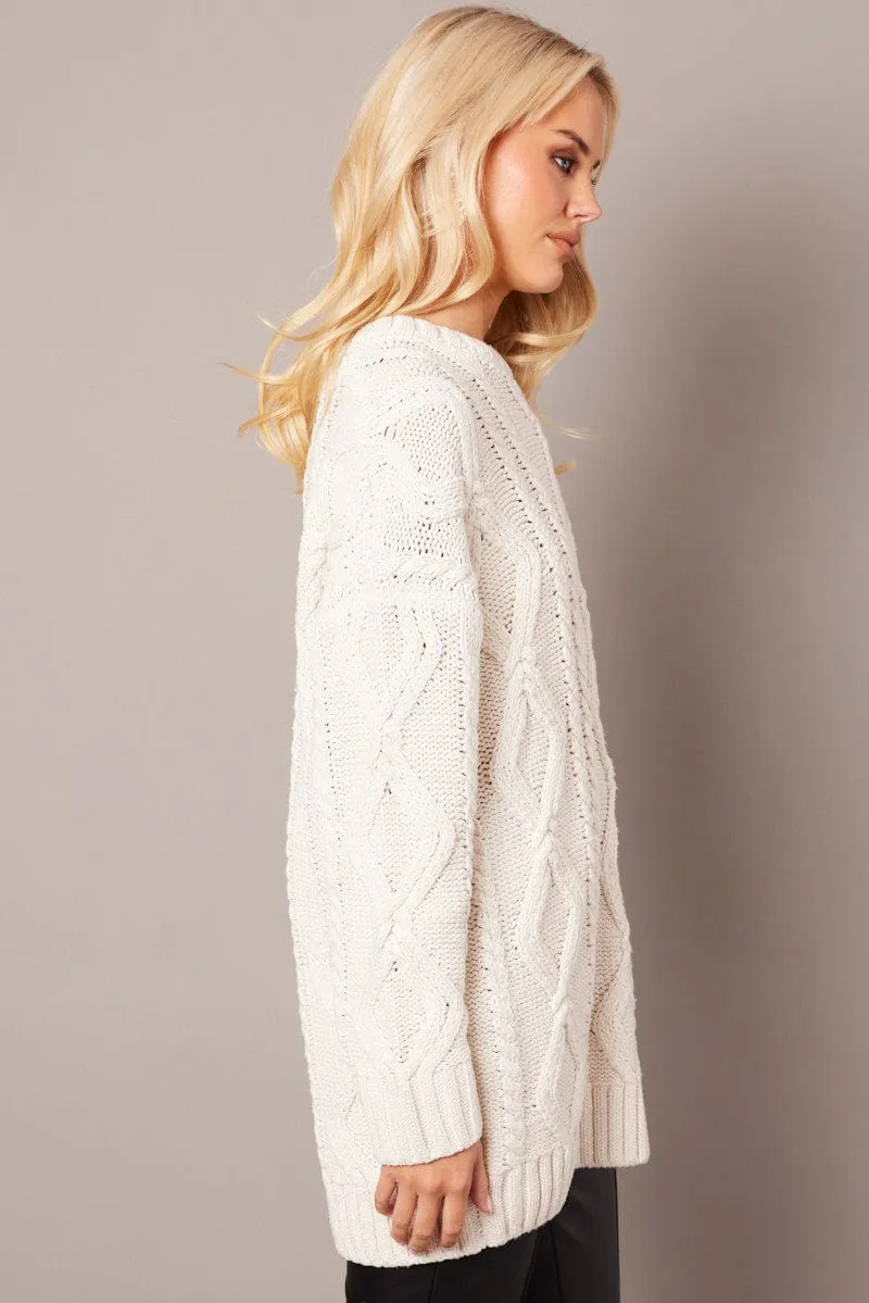 White Cable Knit Top Long Sleeve Longline