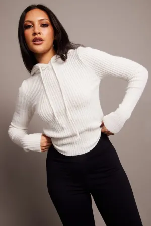 White Knit Top Long Sleeve Hoodie