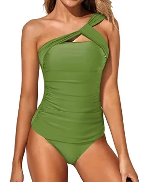 Women's 2 Piece Asymmetrical Tankini One Shoulder Top & Shorts-Light Yellow Green