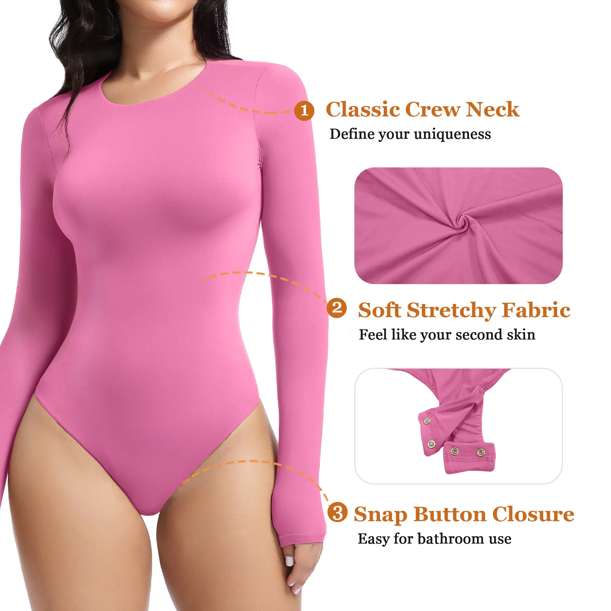 YIANNA Long Sleeve Bodysuit for Women Crew Neck Second-skin Feel Thong Body Suits Tops