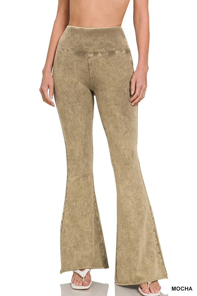 Zenana Acid Washed High Waist Raw Hem Boot Cut Pant CPW-3197D4 Mocha
